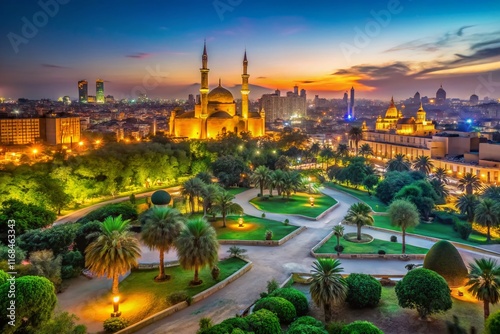 Cairo Panoramic Night View: Al-Azhar Park, Mosque, Cityscape Long Exposure photo