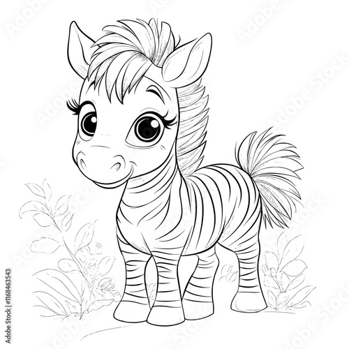 Zebra Cub: Charming illustration of a baby zebra standing, capturing innocence and appeal. Perfect for coloring books and projects, ideal for children and creatives