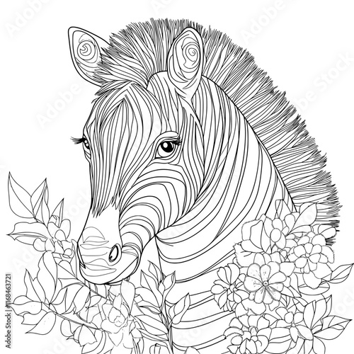 Zebra and Floral Beauty: An artistic black and white illustration of a zebra, adorned with intricate striped patterns, peacefully nestled among a delicate arrangement of blossoms and foliage
