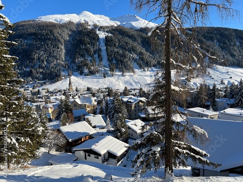 A fairytale winter atmosphere and a magnificent panorama on the mountine Swiss tourist resort of Davos - Canton of Grisons, Switzerland (Kanton Graubünden, Schweiz) photo