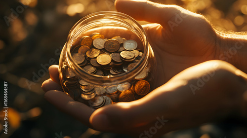 Hands Carefully Holding A Jar Of Coins
