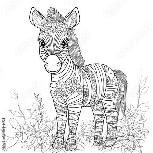 Floral Zebra: An adorable baby zebra illustration decorated with intricate floral patterns stands amidst a blooming flower garden, inviting viewers to a world of creativity and coloring fun. 
