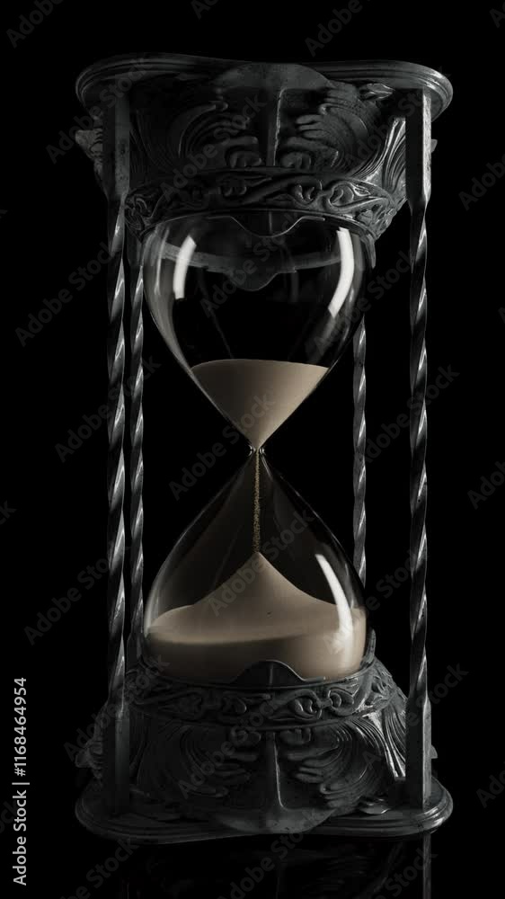 A slow pan around an ornate antique brass hourglass sand timer with sand falling on a dark black background 