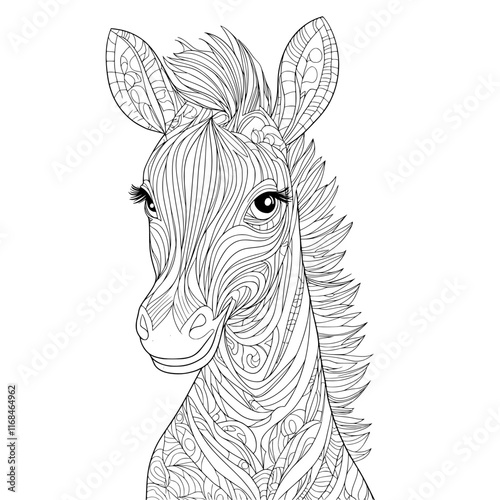 Zebra Illustration: Artistic black and white line drawing of a zebra, showcasing intricate patterns and details, ready for coloring or creative projects.