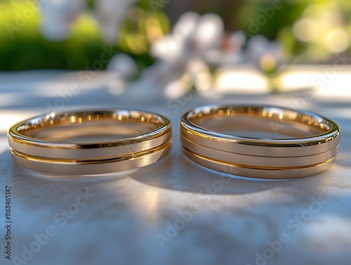 Elegant Gold Wedding Bands: Subtle Groove Design, Soft Light photo