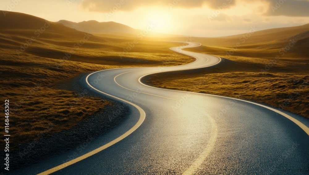Naklejka premium Winding Road Through Rolling Hills with Sunset, Symbolizing Adventure and Exploration