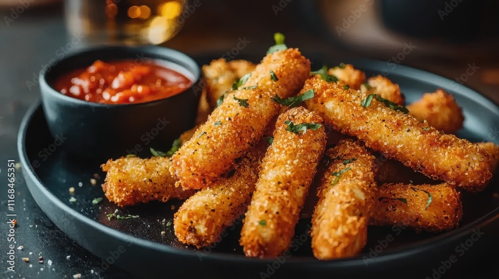 A plate of crispy, golden-brown fried sticks served with a rich red dipping sauce, ready to be enjoyed as a delicious snack or appetizer.