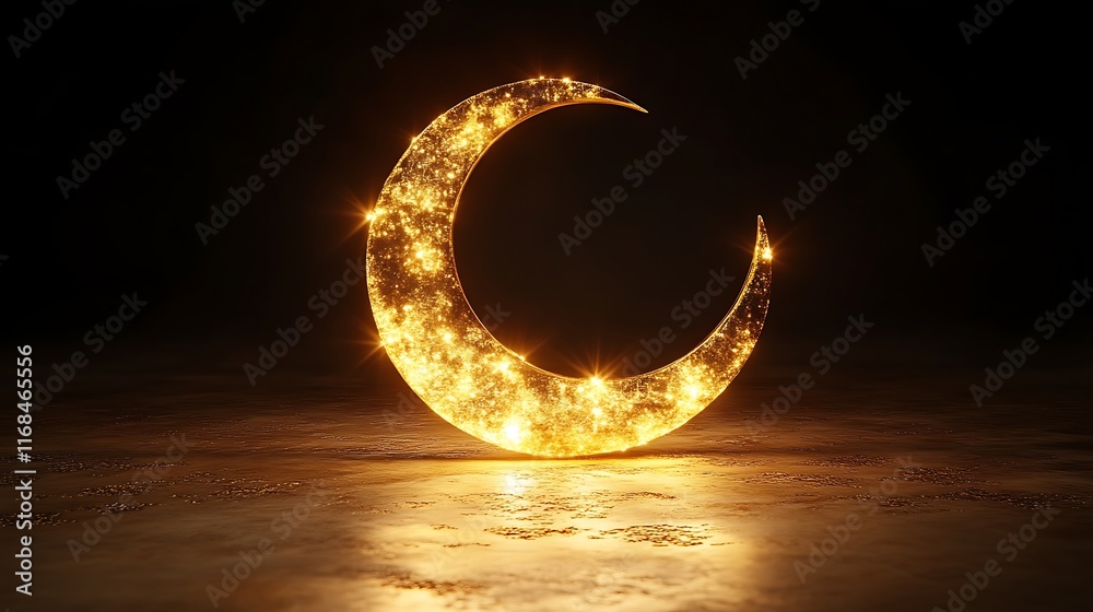 Golden Crescent Moon Sparkles Brightly On Dark Background