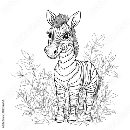 Cute Zebra Coloring Page: A charming zebra foal stands amidst a lush backdrop of foliage, ready to be brought to life with vibrant colors.