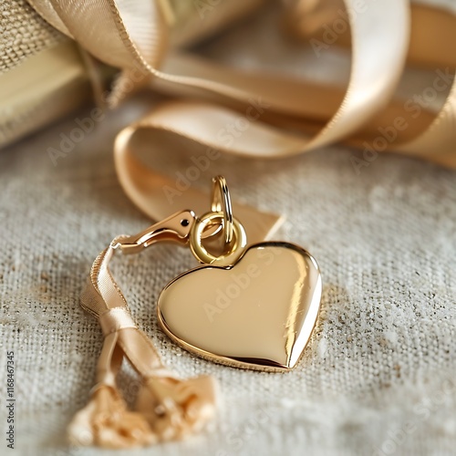 romantic heart-shaped keychain with golden finish and ribbon photo