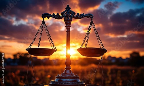 Scales of Justice at Sunset: Symbol of Balance and Fairness