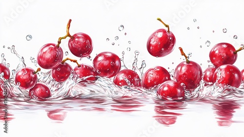 Half closed red grapes falling into the water on a white background