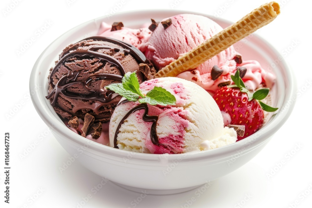 Ice cream scoops and sundae dish on white background Ice cream scoops and sundae dish on white background