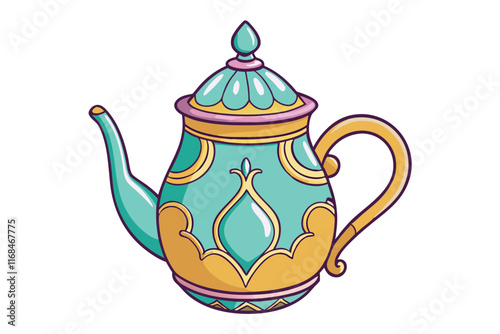 Illustration of a vintage style teapot with ornate detailing and vibrant colors, ideal for design or cultural storytelling