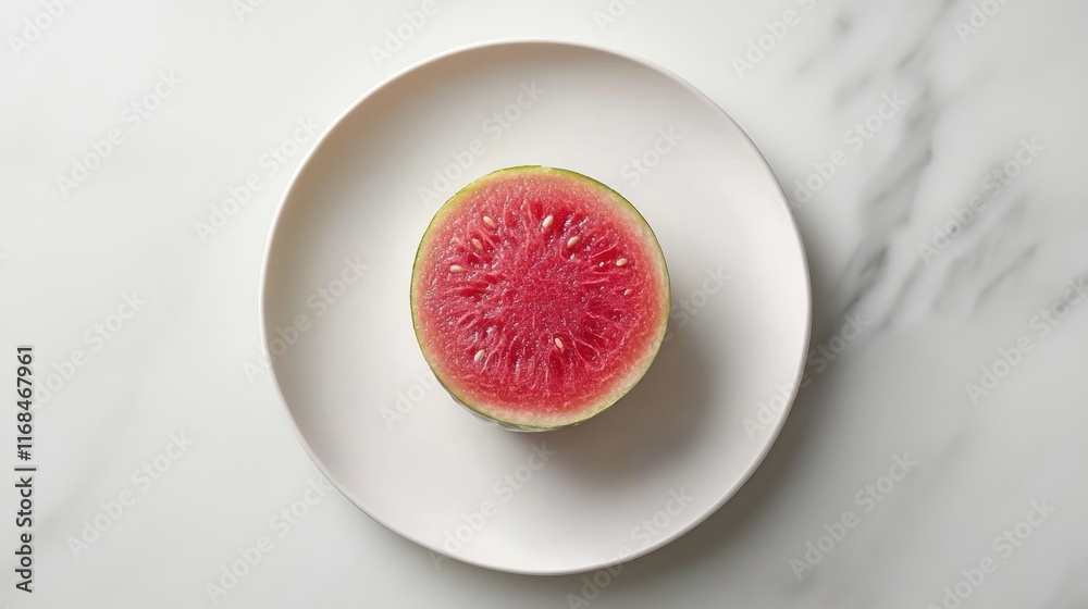 Fresh watermelon half on a white plate.
