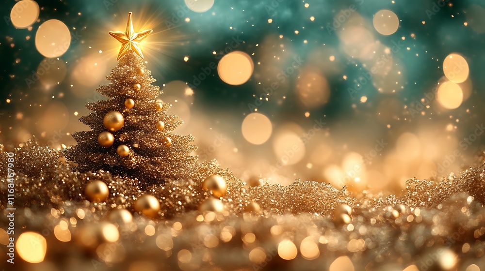 Golden Christmas Tree Glimmering Festive Lights Golden Christmas Tree Glimmering Festive Lights