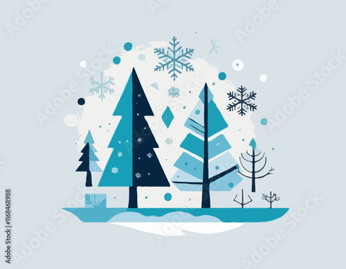 Winter geometric banner in flat style. Geometry minimalistic design with simple shapes and winter symbols, snowflake, christmas tree for flyer,web,poster,templates,cover design, label.Vector