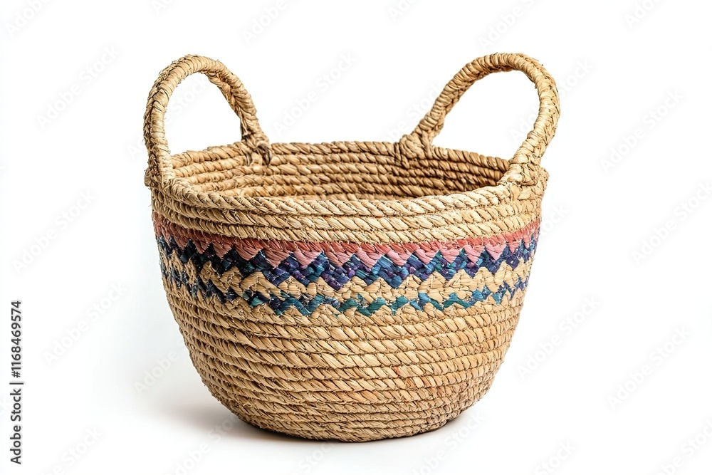 Fototapeta premium Handwoven Seagrass Basket with Colorful Zigzag Pattern