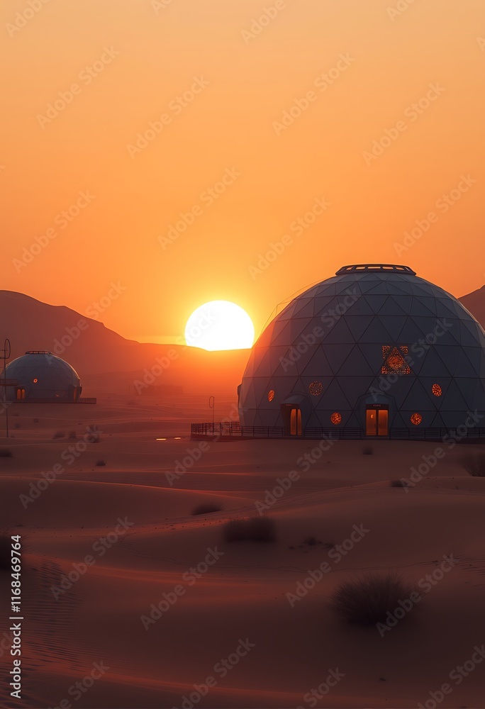Obraz premium Desert Dome Structures Sunset Golden Hour Scenic View