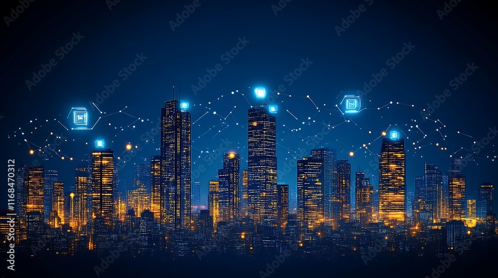 Obraz premium Illuminated Cityscape with Network Connections at Night