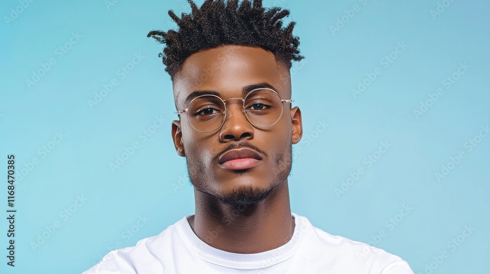 Fototapeta premium Confident Young Male with Glasses Against a Blue Background