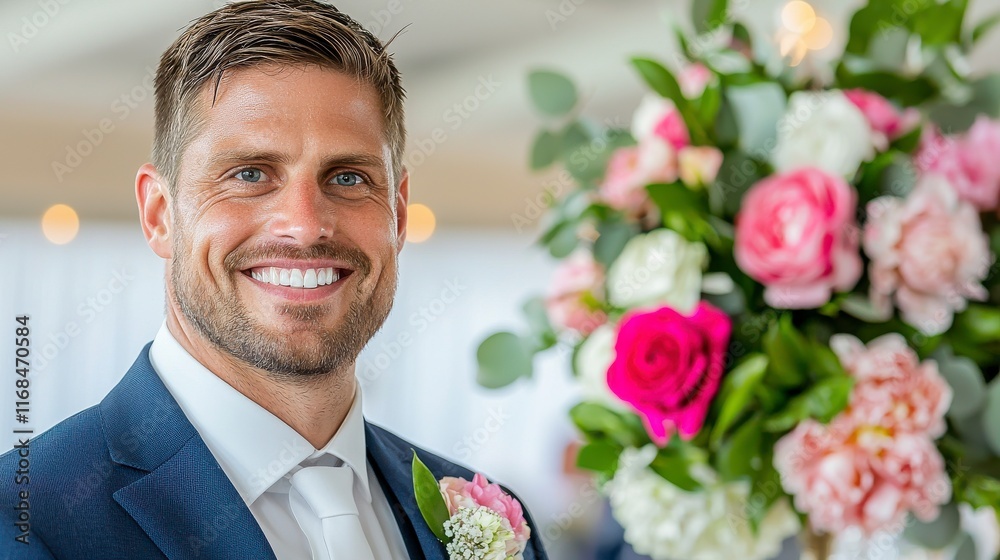 Handsome Groom Smiling at Wedding with Floral Arrangement in Background Handsome Groom Smiling at Wedding with Floral Arrangement in Background