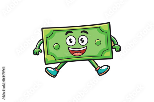 Fun illustration of a green money note character walking energetically, smiling joyfully