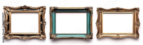 Three ornate golden and teal picture frames isolated on white background. photo