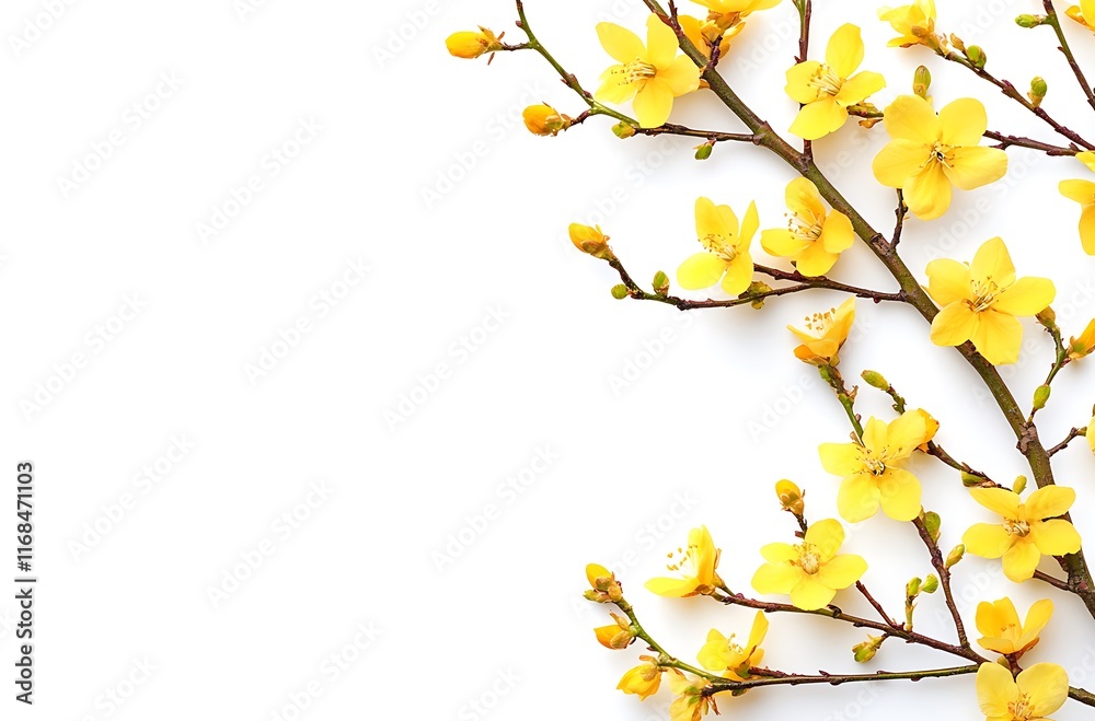 A white spring summer background with yellow flowers and green branches A white spring summer background with yellow flowers and green branches