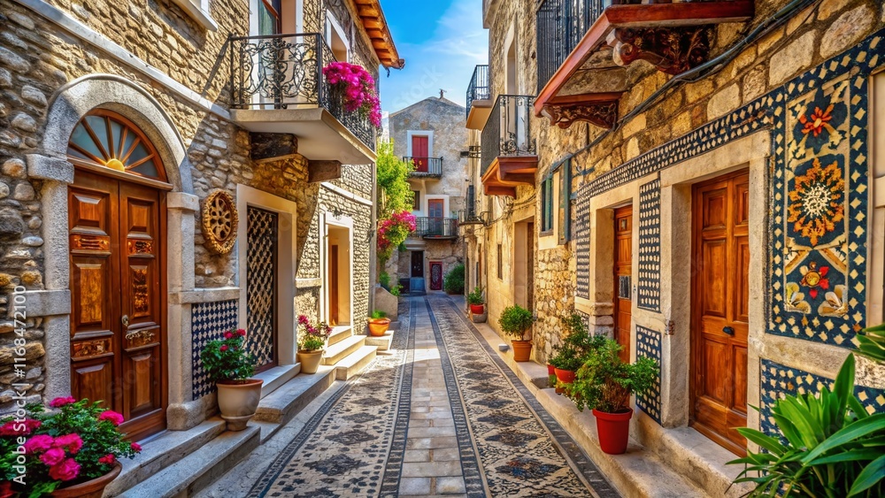 Fototapeta premium Charming Traditional Street in Pyrgi Village, Chios Island, Greece - High-Resolution Stock Photo