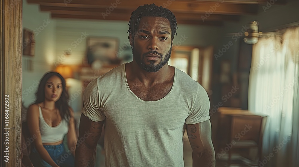 A serious young man in a white t-shirt stands in a doorway looking at the camera while a woman sits on a sofa behind him. A serious young man in a white t-shirt stands in a doorway looking at the camera while a woman sits on a sofa behind him.