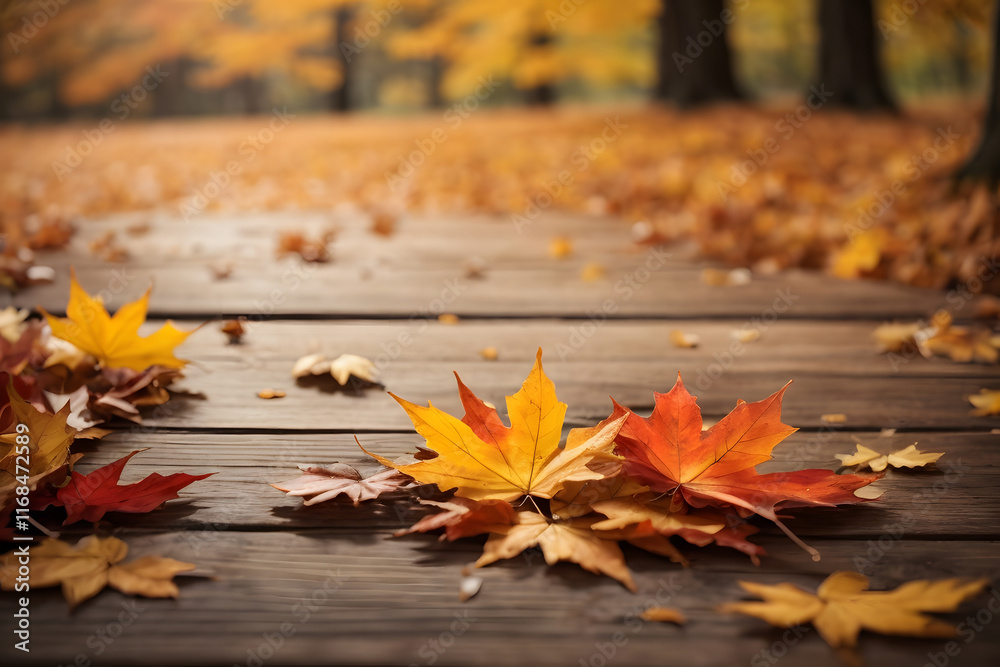 Obraz premium Falling maple leaf's on the empty wooden table top in autumn