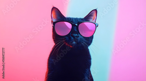 Creative animal concept. cat Ankara kedisi in sunglass shade glasses isolated on solid pastel background, commercial, editorial advertisement, surreal surrealism photo