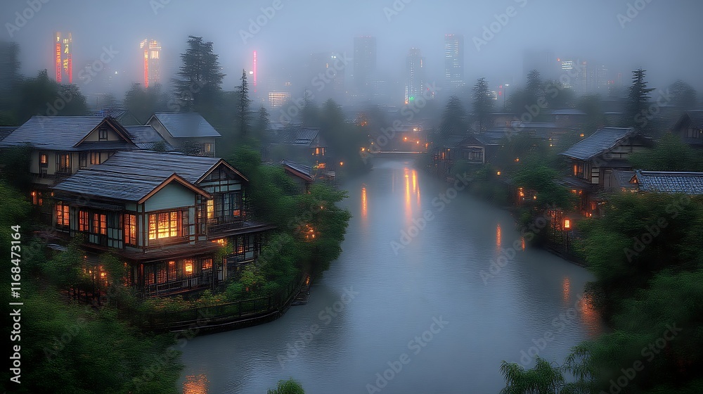 Fototapeta premium Foggy Cityscape with Illuminated Houses by Water