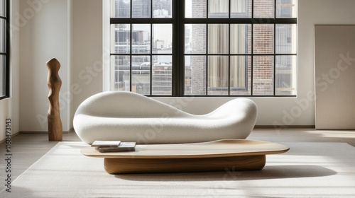 Modern white sculptural sofa and wooden coffee table in minimalist loft.