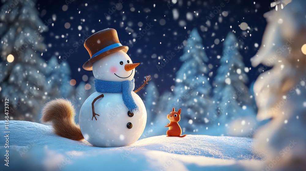 Fototapeta premium whimsical winter night scene with friendly snowman wearing brown top hat and blue scarf, gentle falling snowflakes, curious red squirrel companion, majestic turquoise pine forest backdrop, deep navy