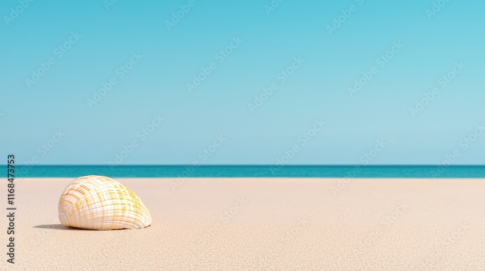 A serene beach scene featuring a single seashell on soft sand, with a clear blue sky and calm ocean in the background.