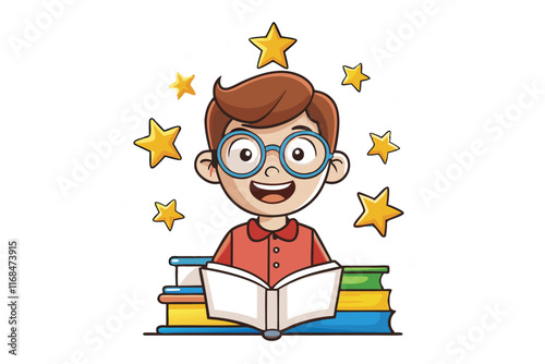 Cheerful boy with glasses surrounded by books and stars, symbolizing knowledge, education, learning, and academic success