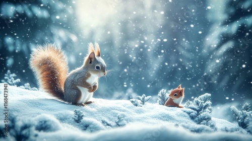 magical winter evening with cheerful snow fellow, adventurous red squirrel friend, majestic evergreen forest in deep turquoise, soft floating snowflakes, peaceful rolling snow hills, midnight blue photo