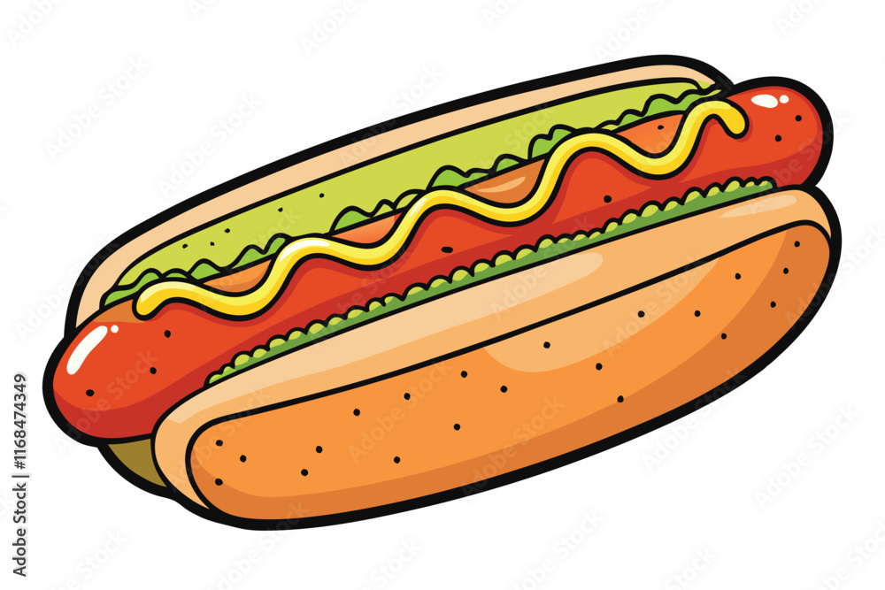 Illustration of a hot dog topped with mustard and lettuce in a soft bun, perfect for food themes, fast food promotions, or menu designs