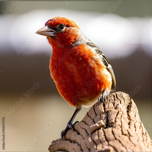 USA, Colorado, Frisco. Close-up of male pine grosbeak bird on log. photo