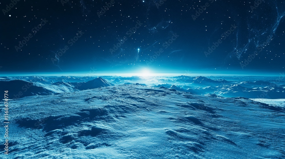 Fototapeta premium serene winter night expanse with delicate crystal snow, deep celestial blue canvas, luminous snow covered terrain, ethereal winter radiance, gentle falling snowflakes, peaceful nocturnal landscape,