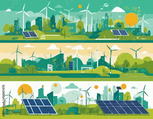 Green city horizontal banner in geometric flat style. Ecology,sustainable poster,flyer with symbols of solar panels, wind turbines-eco, green energy concept.Smart future lifestyle.Vector illustration