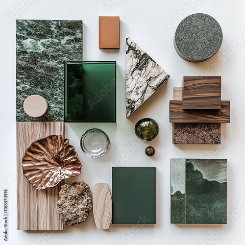 make some moodboards including bronze materials, with glass and stones and woods and green matching with bronze and copper, 