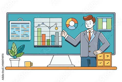 Professional presentation of business analytics with charts and graphs, featuring a corporate setting and focus on data driven decisions