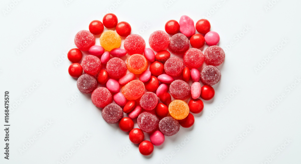 Heart-Shaped Candy Arrangement with Colorful Sugary Sweets on White Background. Valentine's day, Wedding or Birthday day sweet food Heart-Shaped Candy Arrangement with Colorful Sugary Sweets on White Background. Valentine's day, Wedding or Birthday day sweet food