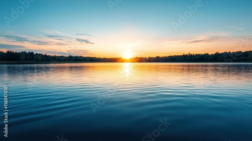 Wallpaper Mural A serene sunset over a tranquil lake, reflecting vibrant colors in the sky and water, surrounded by lush greenery. Torontodigital.ca