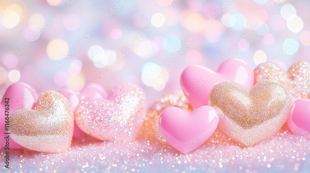 Fototapeta premium Pastel Glowing Hearts on Sparkling Background for Valentine's Day. Festive Valentine's day background.