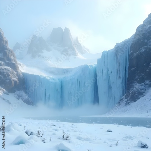 Sheer icy cliffs of a mountain range, with glacial crevasses, snow flurries in the air, and a tundra in the foreground photo