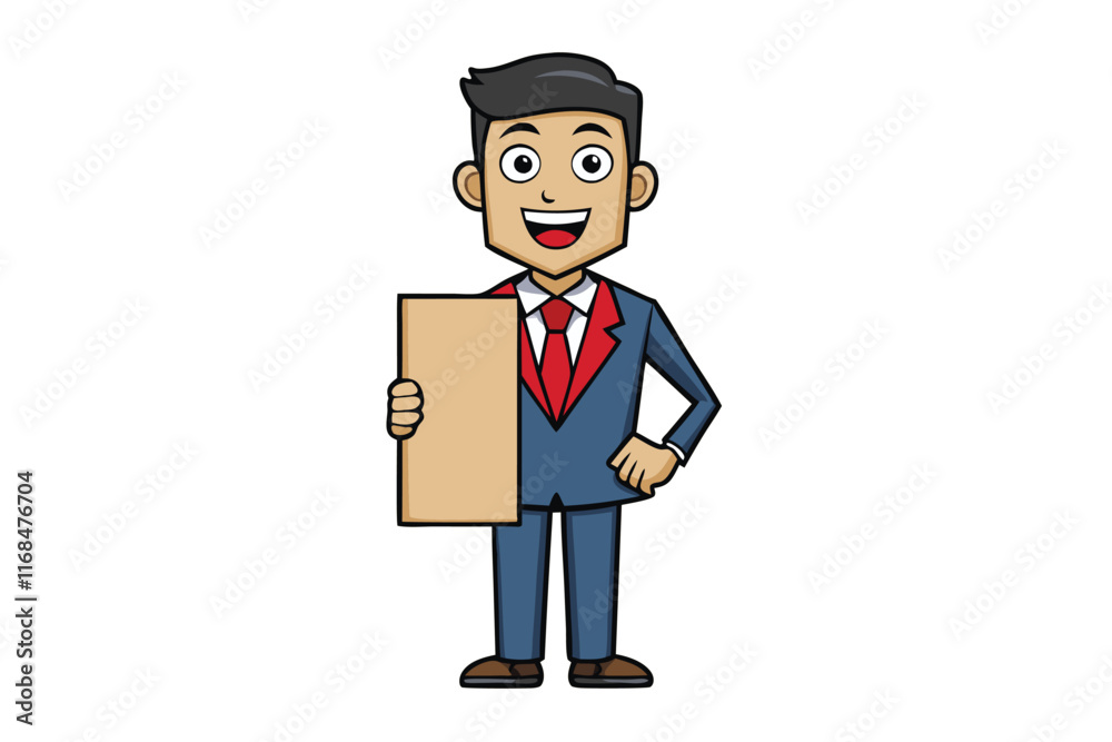 Smiling businessman in a formal suit holding a blank signboard for advertising or promotional purposes, ideal for business concepts Smiling businessman in a formal suit holding a blank signboard for advertising or promotional purposes, ideal for business concepts